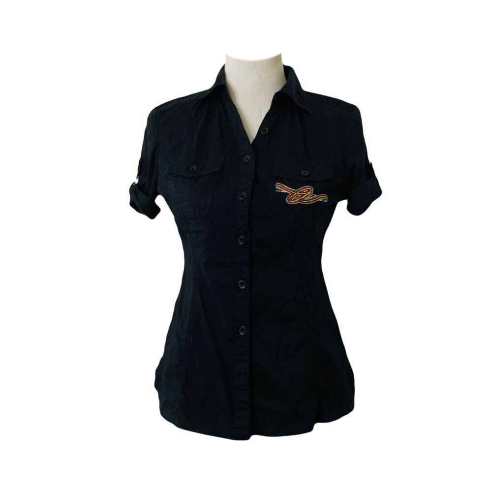 Akademiks Juniors Shirt Black Embroidered Short Sleeve Button-Down Size Medium